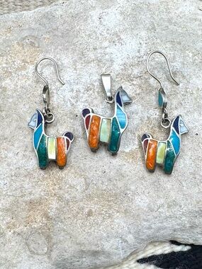 Peru 950 Sterling Silver Natural Multi Stone Inlay Alpaca Pendant Earrings Set